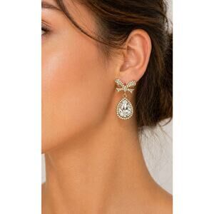 Mint Gold Bow Crystal Drop Earrings Rhinestone Teardrop NWT